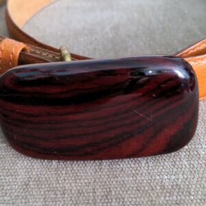 Vintage Brown Leather Belt with High Polish Wooden Buckle Full Grain Cowhide, 32